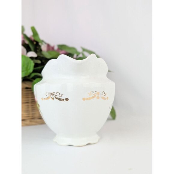 Antique White Porcelain Pitcher Vase Chester Pottery Pink Rose Shabby Chic Decor - Picture 5 of 10